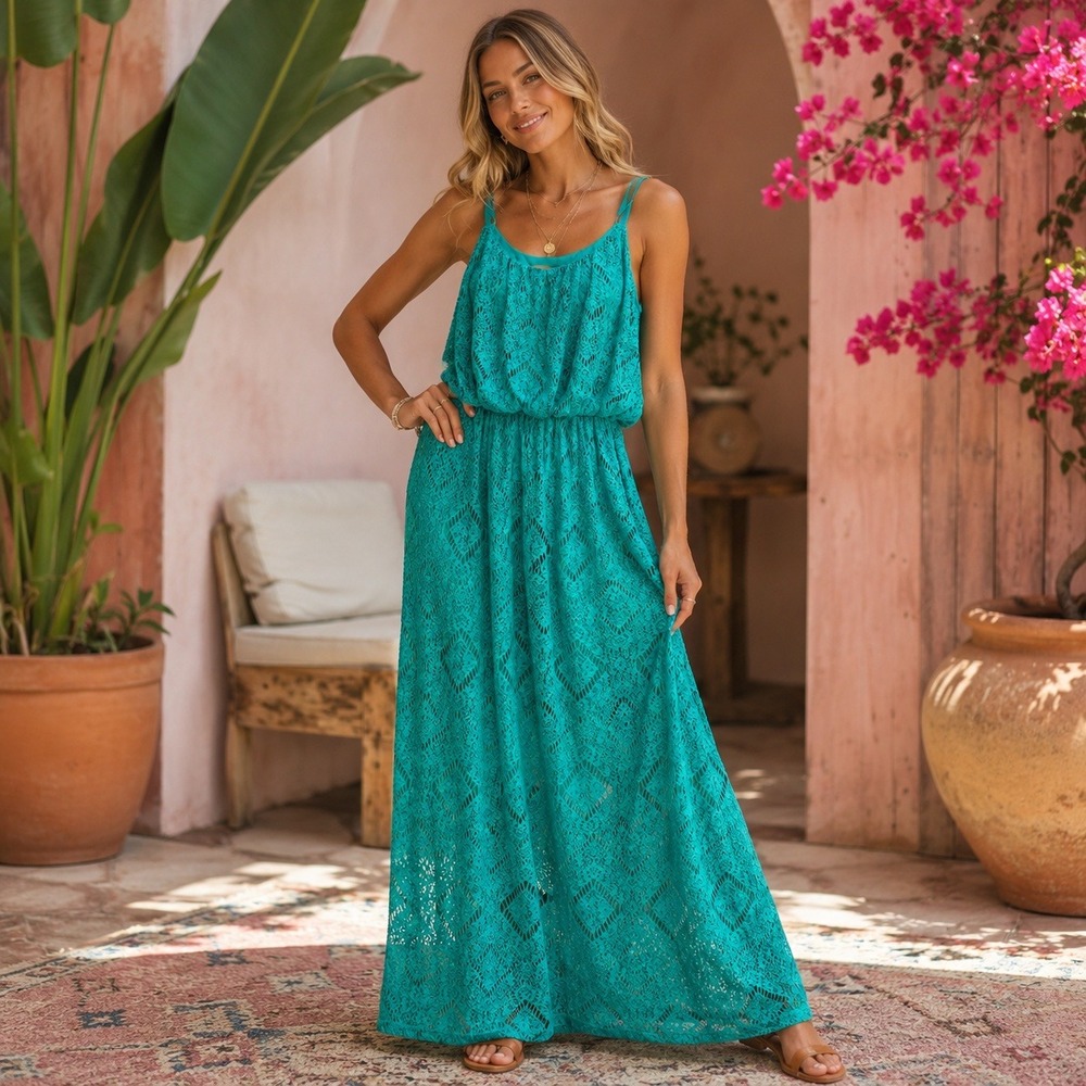 Maurices Teal Green Lace Maxi Dress Sleeveless Blouson Waist Plus‎ Size 1